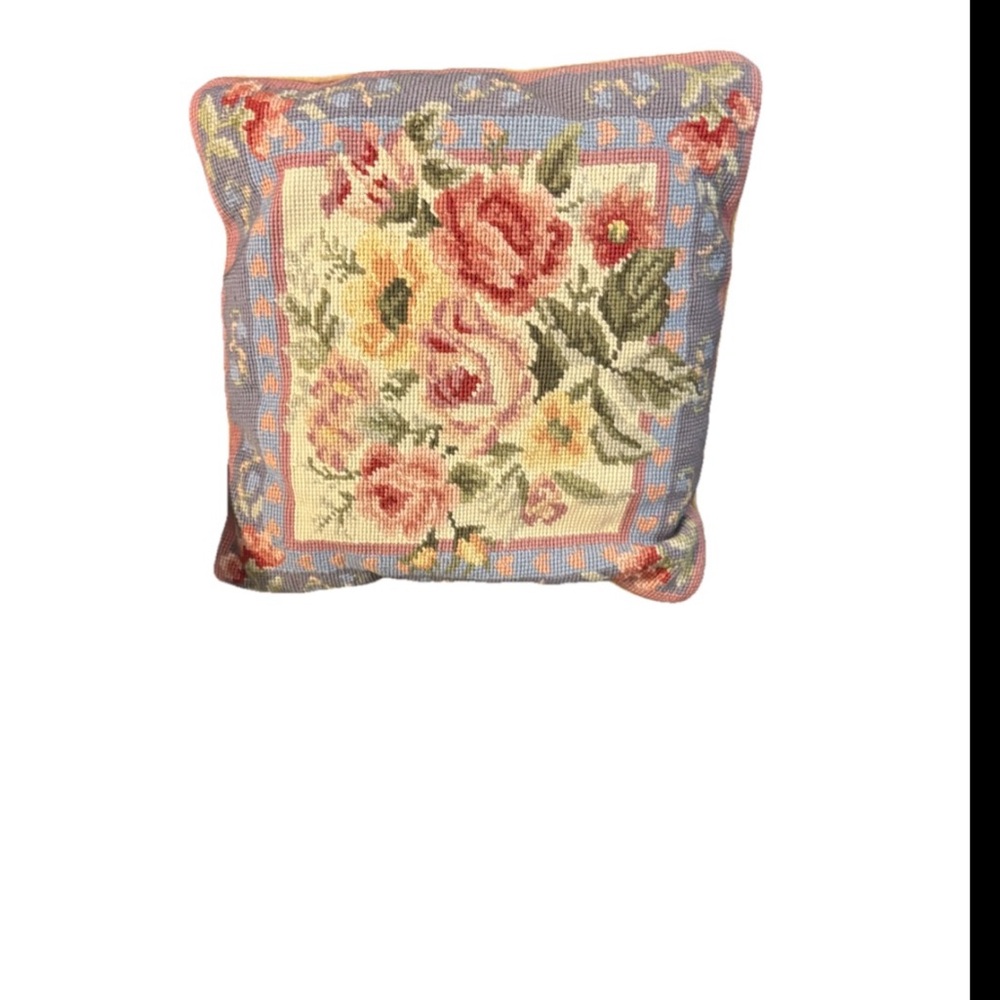 Vintage Needlepoint Flower Rose Throw Pillow velvet back Tan 14x14 Floral